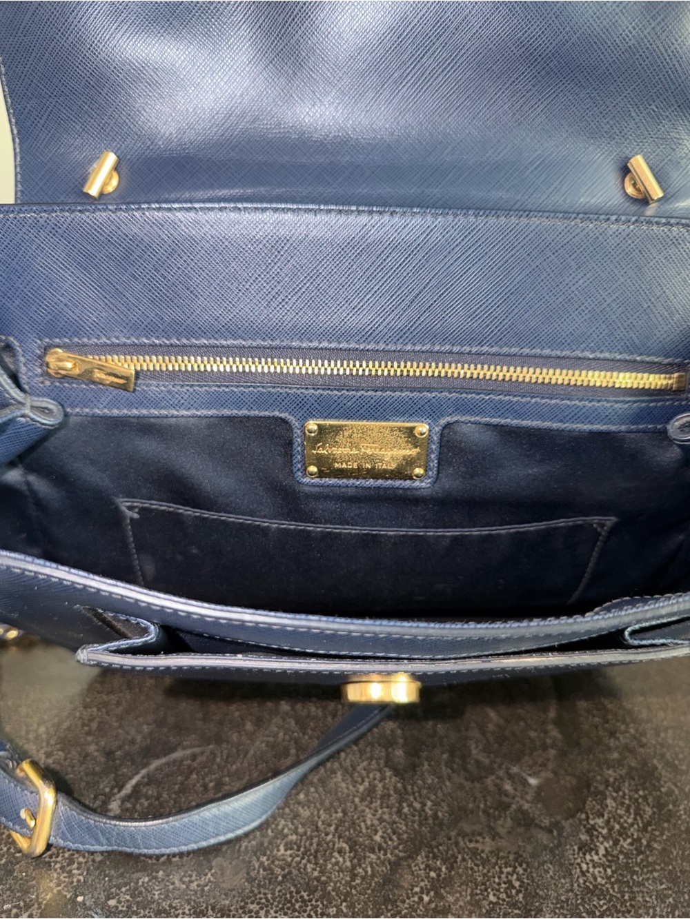 Salvatore Ferragamo Navy Saffiano Leather Vara Shoulder Bag with Gold Hardware - Picture 15 of 16